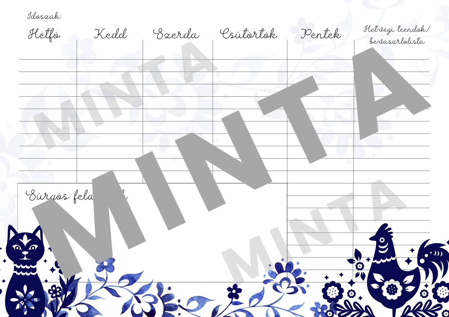 Hungarian FOLK blue nyomtatható heti tervező