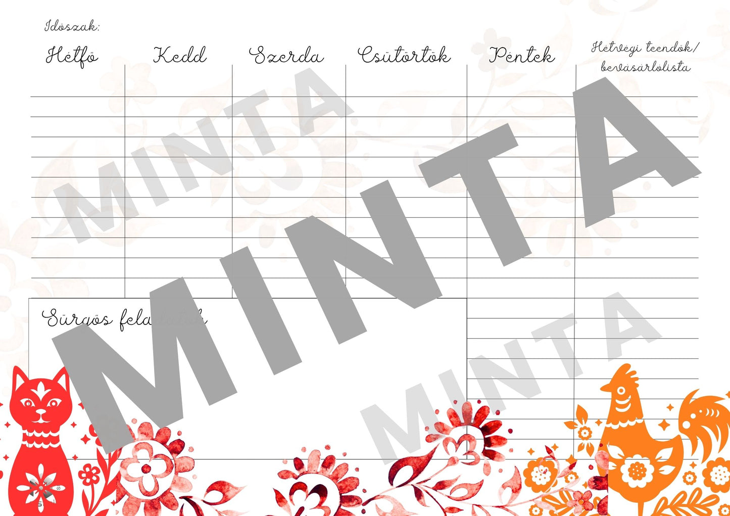 Hungarian FOLK red nyomtatható heti tervező